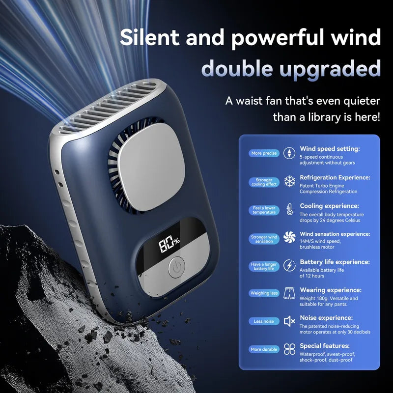 Portable Waist Fan with 6000mAh Battery, 5-Speed Personal Neck Fan with LED Light