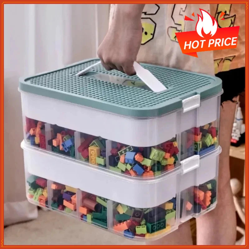 Kids Building Block Storage Box 2-Layer Adjustable Toy Organizer Small Container