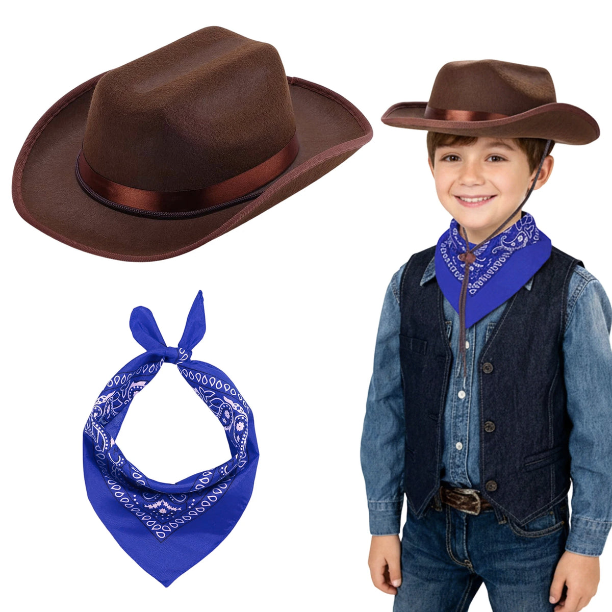 Kids Cowgirl Costume Western Hat and Bandana Set - Role Play Accessories for Halloween