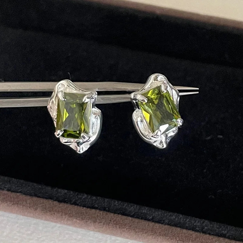 Sterling Silver Stud Earrings with Green Square Crystal & Lava Design for Women Girls