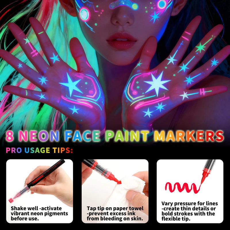 8-Color UV Fluorescent Body Paint Pens - Washable Glow Tattoo & Face Markers