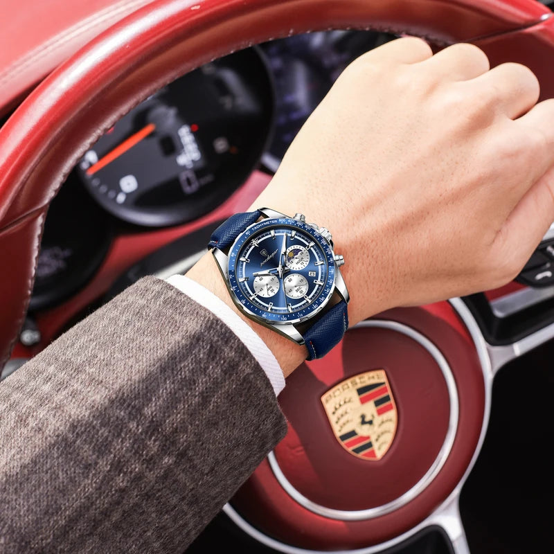 Men's Waterproof Luminous Chronograph Sport Wristwatch with Leather Strap