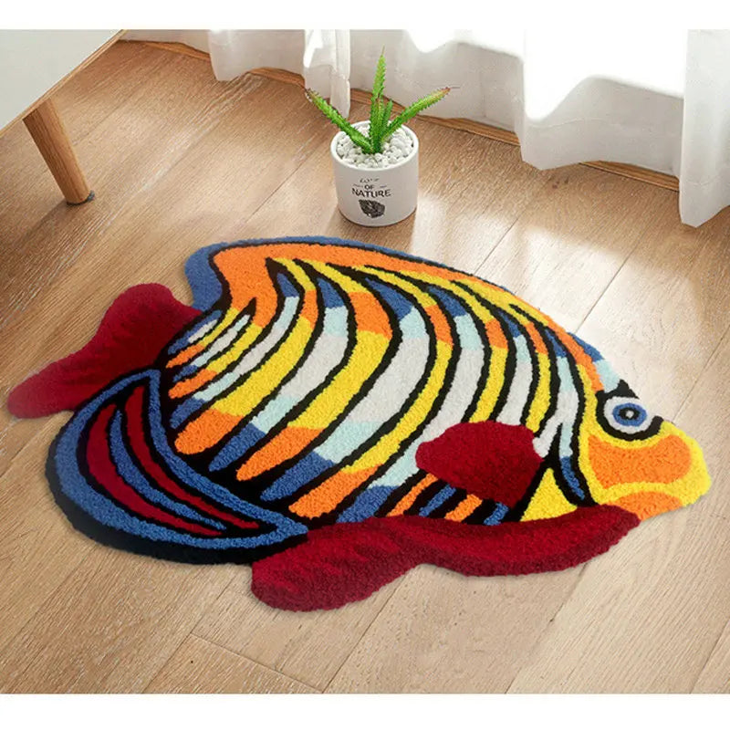 Multicolour Fish Shape Rug - 80x60cm Plush Non-Slip Floor Mat for Living Room Bedroom Bathroom
