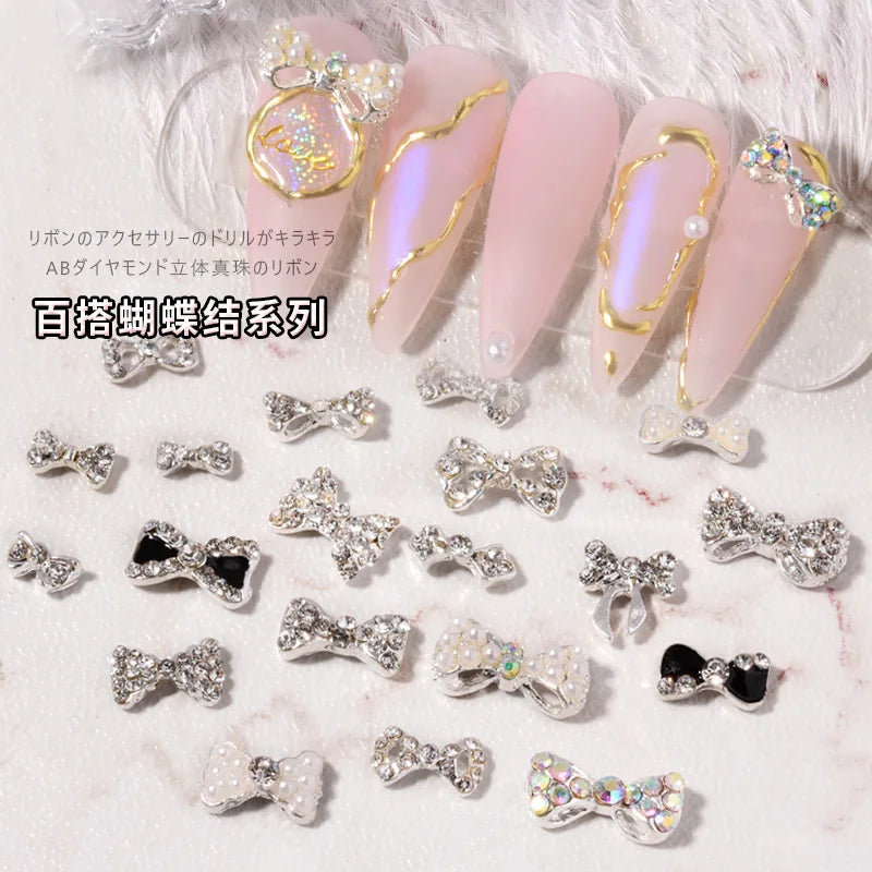 10PCS Bow Nail Charms Set - Super Flash Zircon, Silver Butterfly & Diamond Bows for Nail Art