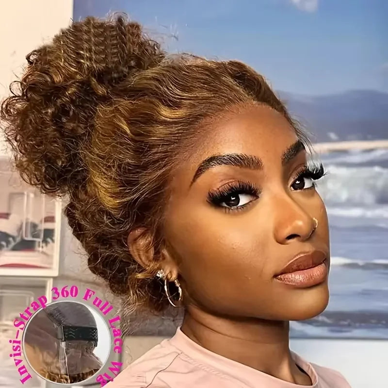 Deep Wave Human Hair Wig 360 Full Lace Front with Hidden Strap Blonde Highlights