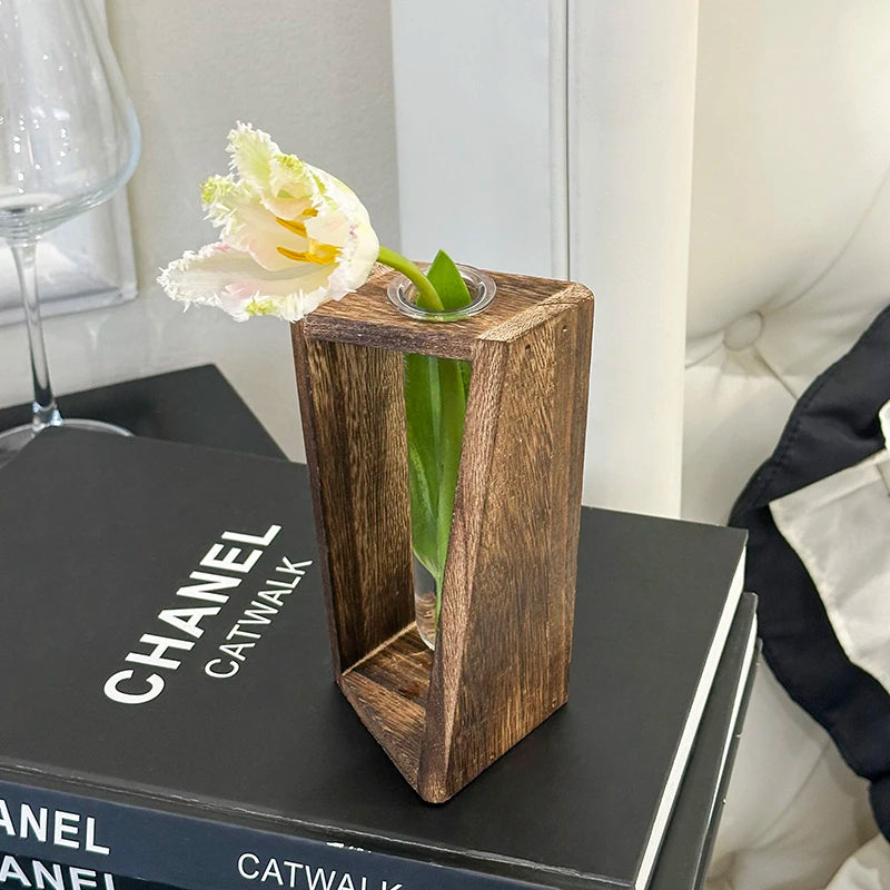 Creative Wooden Hydroponic Vase Plant Vase Retro Transparent Desktop Decor