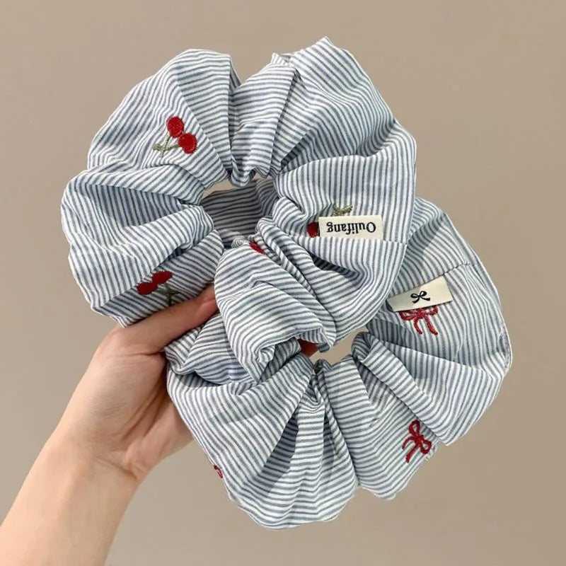 2pcs Blue Striped Red Bow Cherry Hair Scrunchies - Soft, Elastic & Gentle Hair Ties