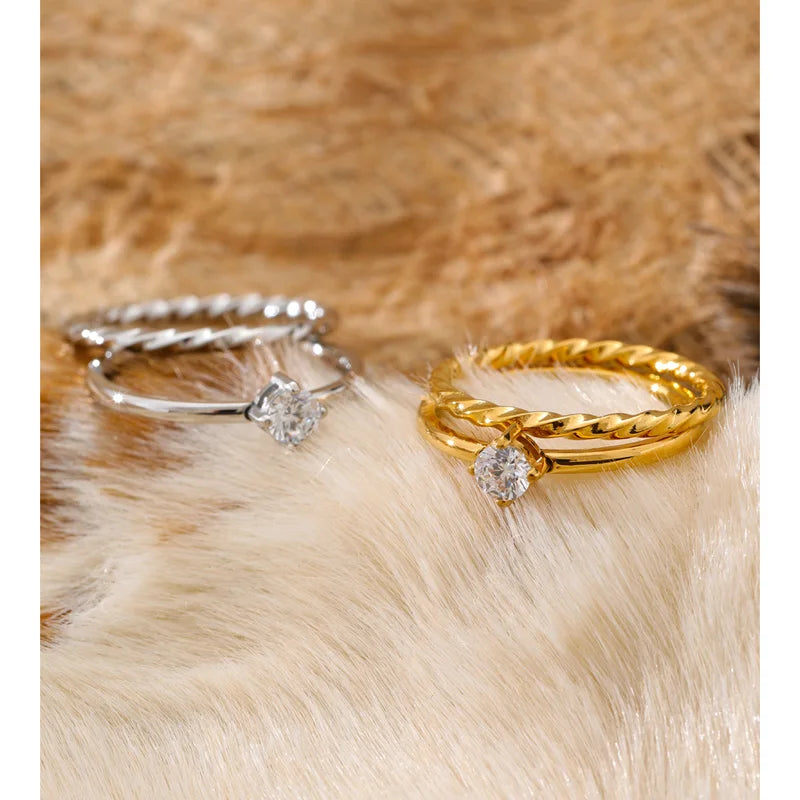 Double-Layer Zircon Finger Rings Set for Women – Stainless Steel Jewelry Collection