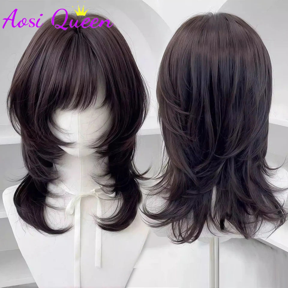 Synthetic Brown Black Medium Straight Wig with Bangs for Women - Natural Layered Style