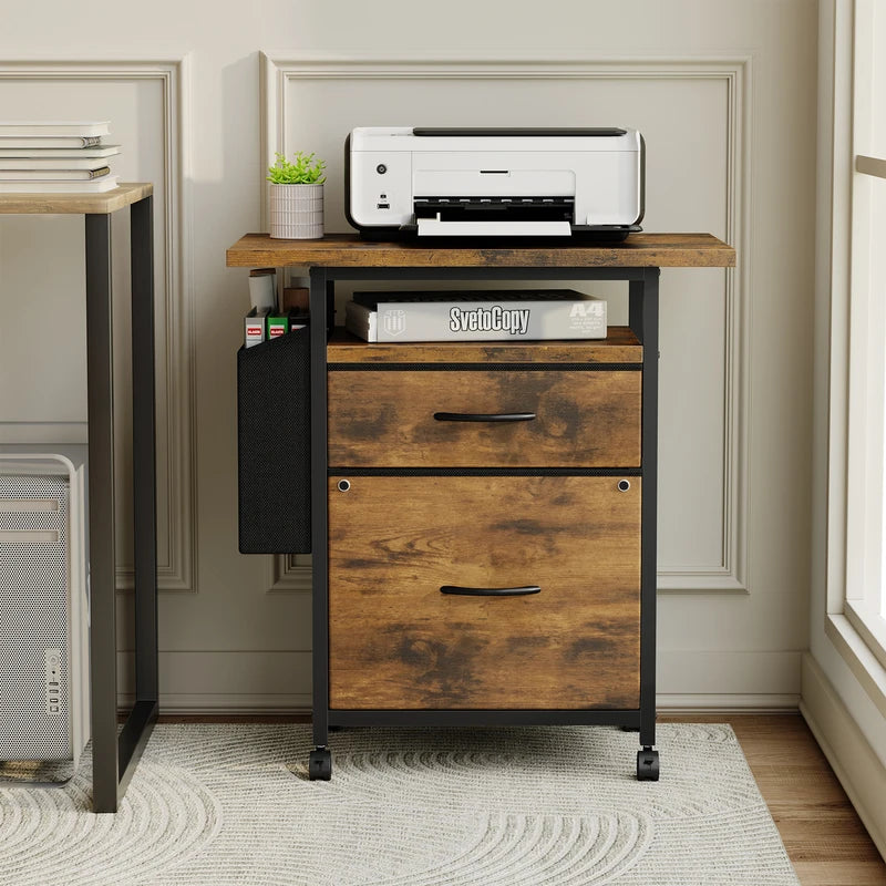 Mobile File Cabinet with 2 Fabric Drawers and Open Shelf — Rolling Printer Stand with Side Storage