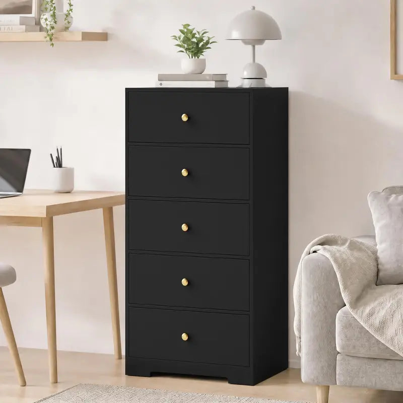 5-Drawer Tall Storage Cabinet for Living Room & Bedroom with Gold Handles