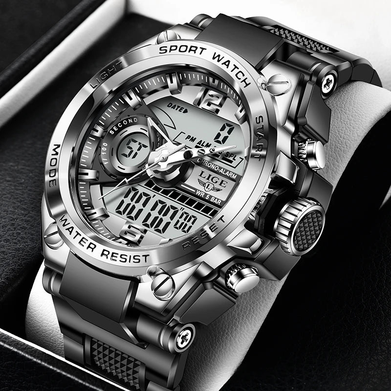 Men's Sport Watch 50M Waterproof Dual Display LED Chronograph Quartz Wristwatch Gift Set