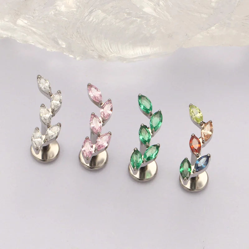 Titanium Body Piercing Earring with CZ Marquise Climber, 16G-18G, Flat Back