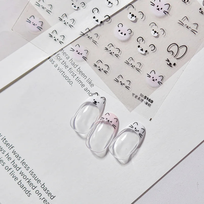 Cute Cat Design Nail Stickers - 3D Self-Adhesive Manicure Decals