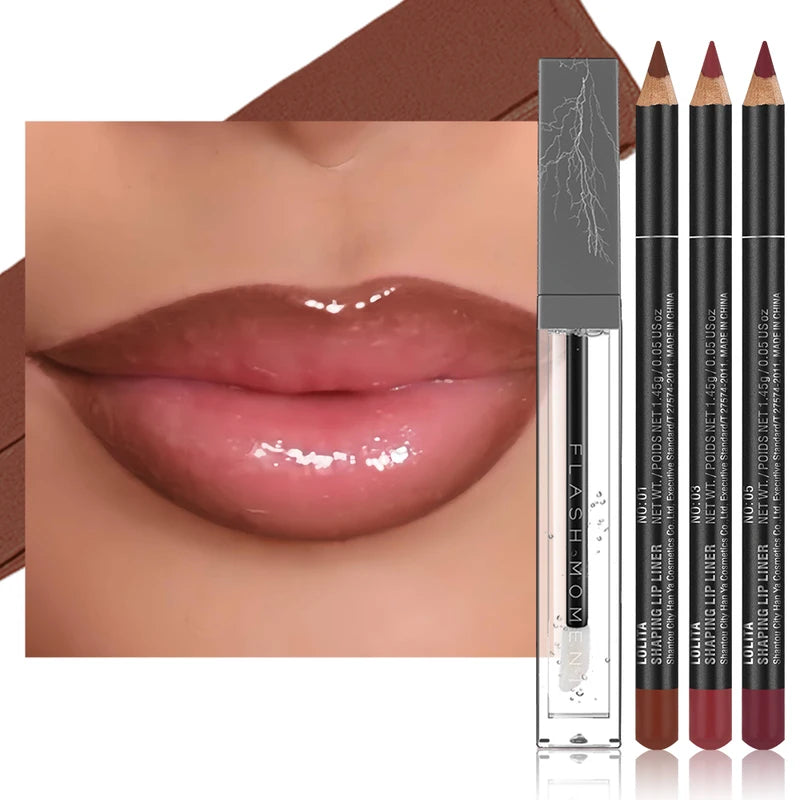 4-Pack Lip Liner and Lip Oil Set - Defined Contours & Moisturizing Shine