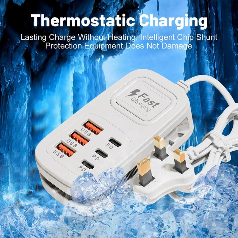 6 Port USB Fast Charger Power Strip with EU UK US Plugs for Phone Tablet Desktop Station