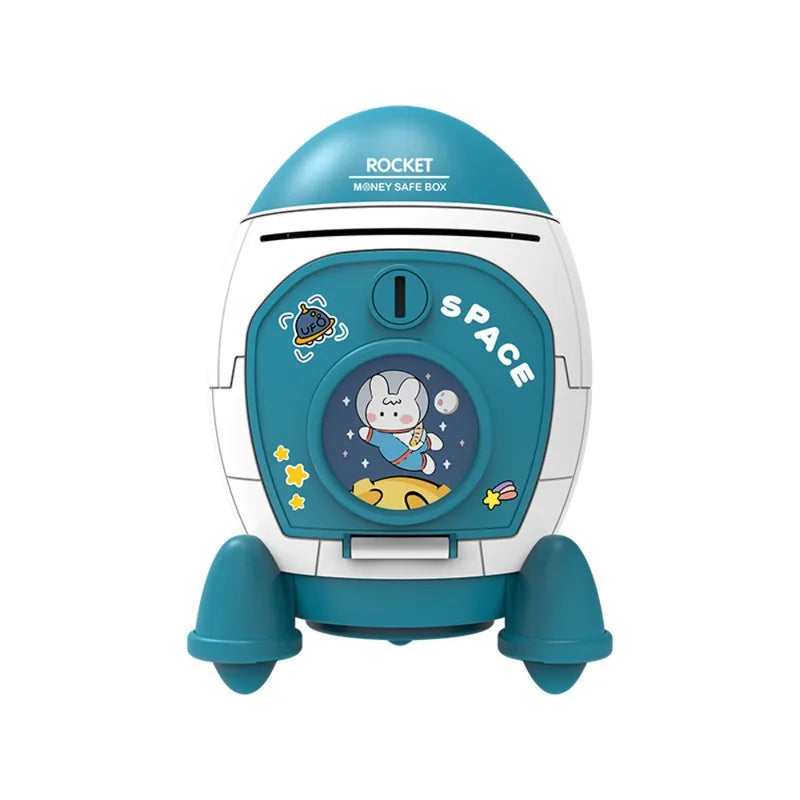 Children's Space Rocket Piggy Bank with Sticker Accessories - Multi-Color Plastic Coin Bank for Kids