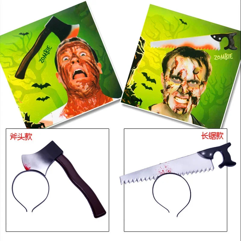 Halloween Horror Fake Blood Prop Knife Ax Saws Headband Party Decoration