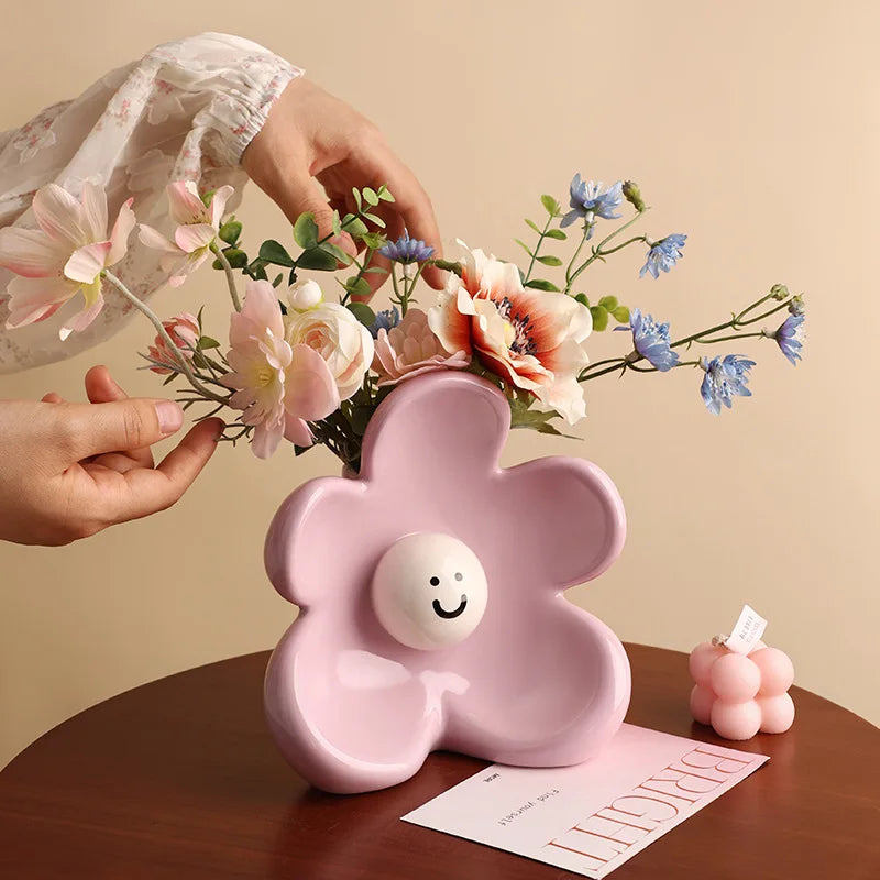 Ceramic Vase with Smiling Face - High-End Home Decor for Flower Arrangements