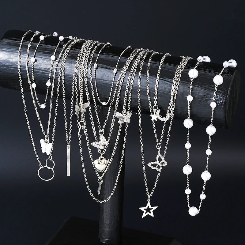 11Pcs Heart Butterfly Moon Pendant Necklace Jewelry Set for Women, Silver & Gold Colors
