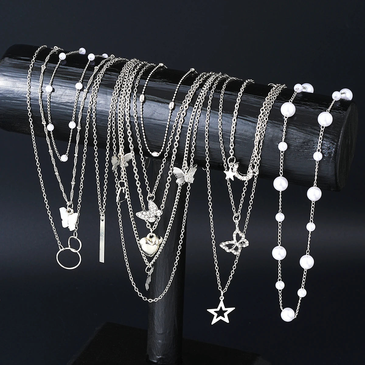 11Pcs Heart Butterfly Moon Pendant Necklace Jewelry Set for Women, Silver & Gold Colors