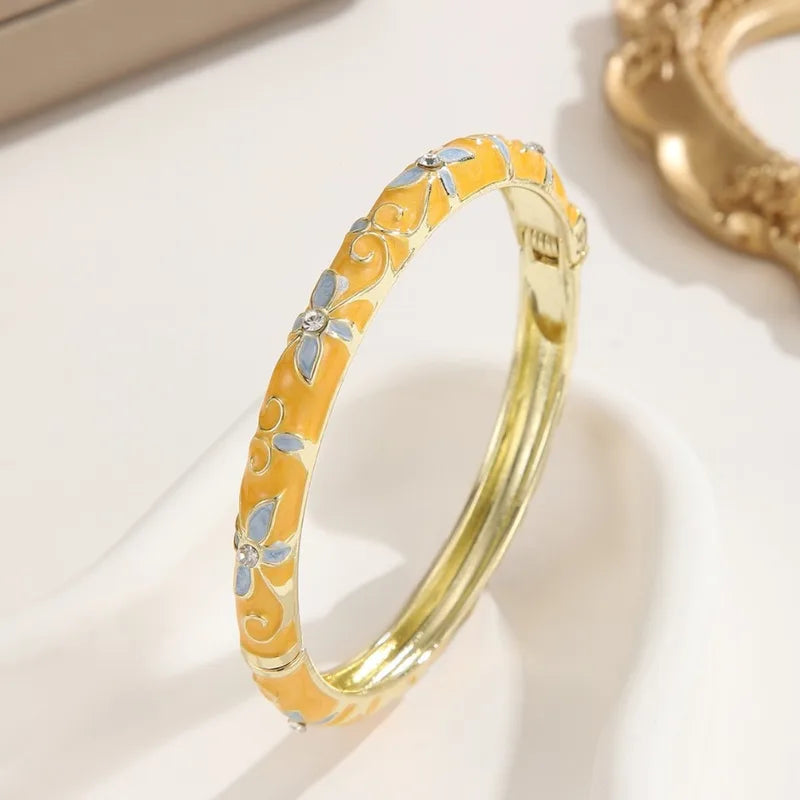 Colorful Floral Enamel Bracelet for Women - Gold Tone Open Cuff Jewelry