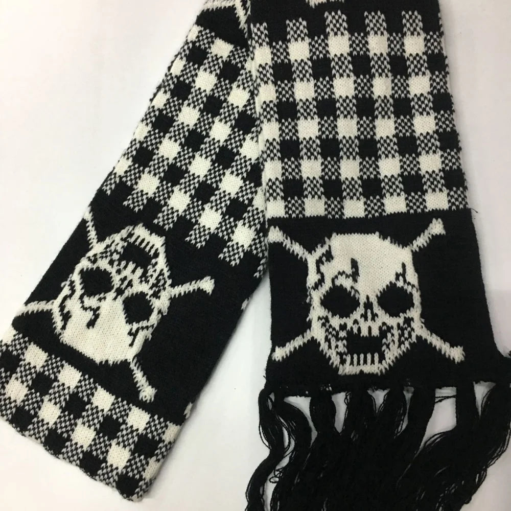 Gothic Halloween Skull Scarf for Women Men - Dark Knit Wrap with Tassels and Fringes