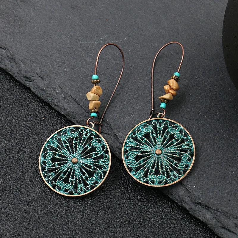 Ethnic Vintage Bohemia Drop Earrings for Women Geometric Leaf Flower Hollow Round Jewelry