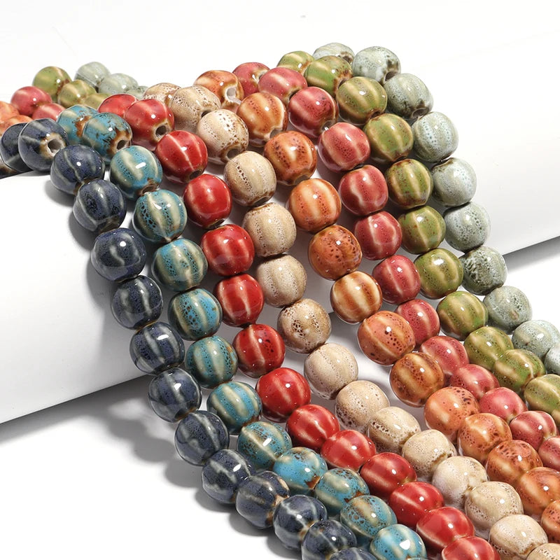 Pumpkin Shape Stripe Ceramic Beads for Jewelry Making - Colorful Floral Glaze, 11.5mm, 1 Strand
