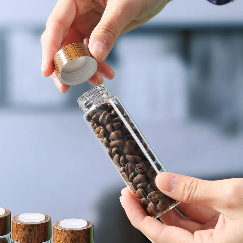 Coffee Bean Storage Containers Glass Tube Set with Wooden Stand - Sealing, Airtight, 12 Pcs