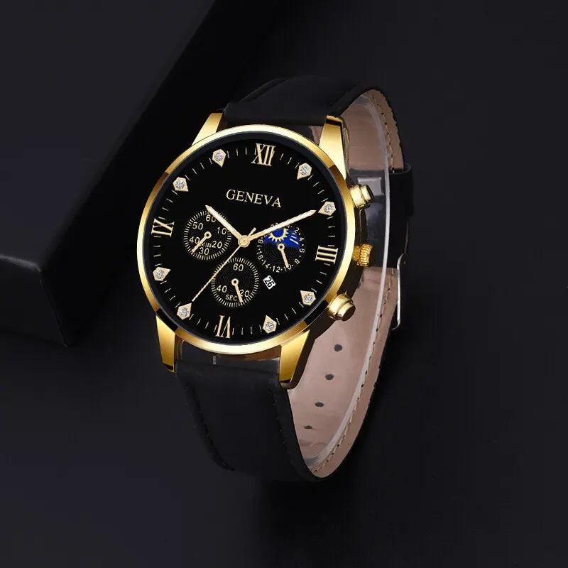 Men's Luxury Quartz Watch Set - Business Casual Round Dial with Calendar - 2 Pieces