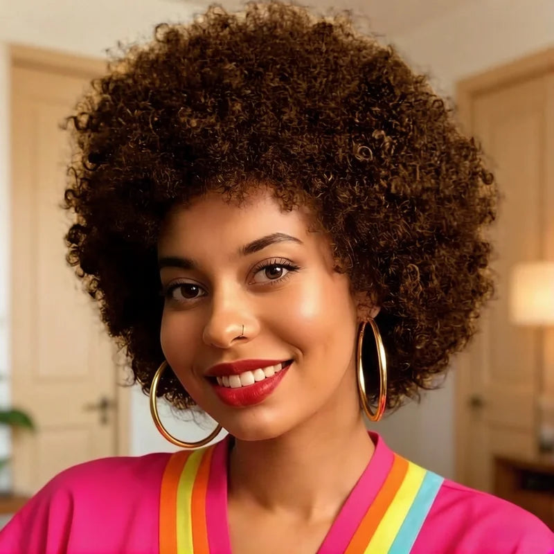 Natural Black Afro Kinky Curly Human Hair Wig Short Voluminous Style