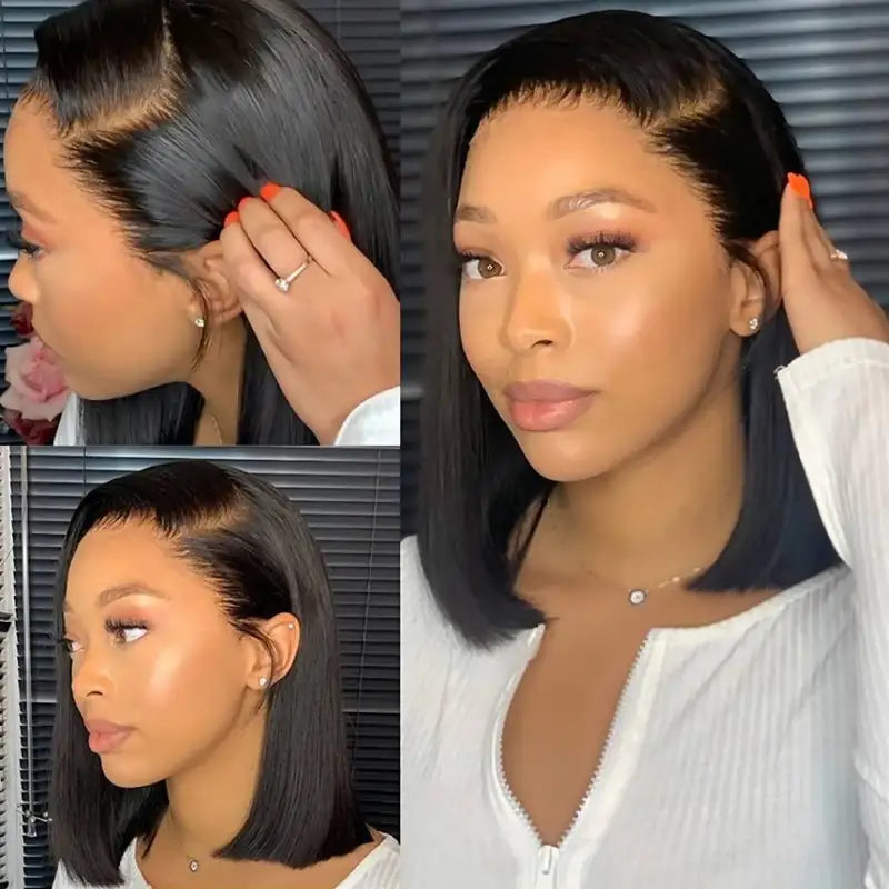 220% Density Human Hair Lace Front Bob Wigs 16 Inch Brazilian Remy Straight Hair