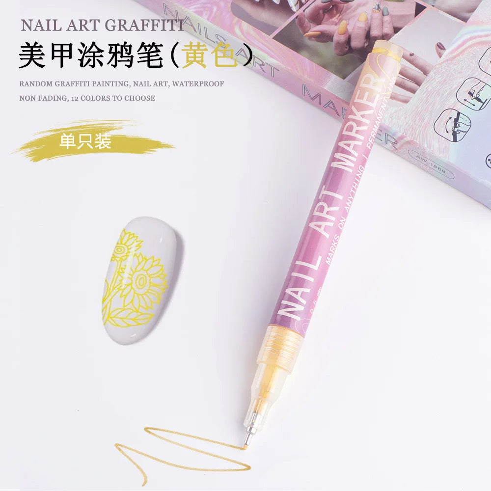 12 Colors Acrylic Nail Art Pen Set - Waterproof Quick Dry DIY Manicure Markers