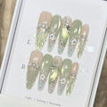 10pcs Long Almond Fake Nails Tips with Pearl and Floral Design - Multiple Colors