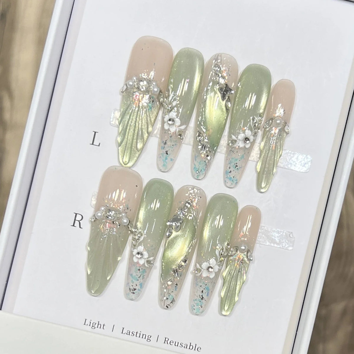 10pcs Long Almond Fake Nails Tips with Pearl and Floral Design - Multiple Colors