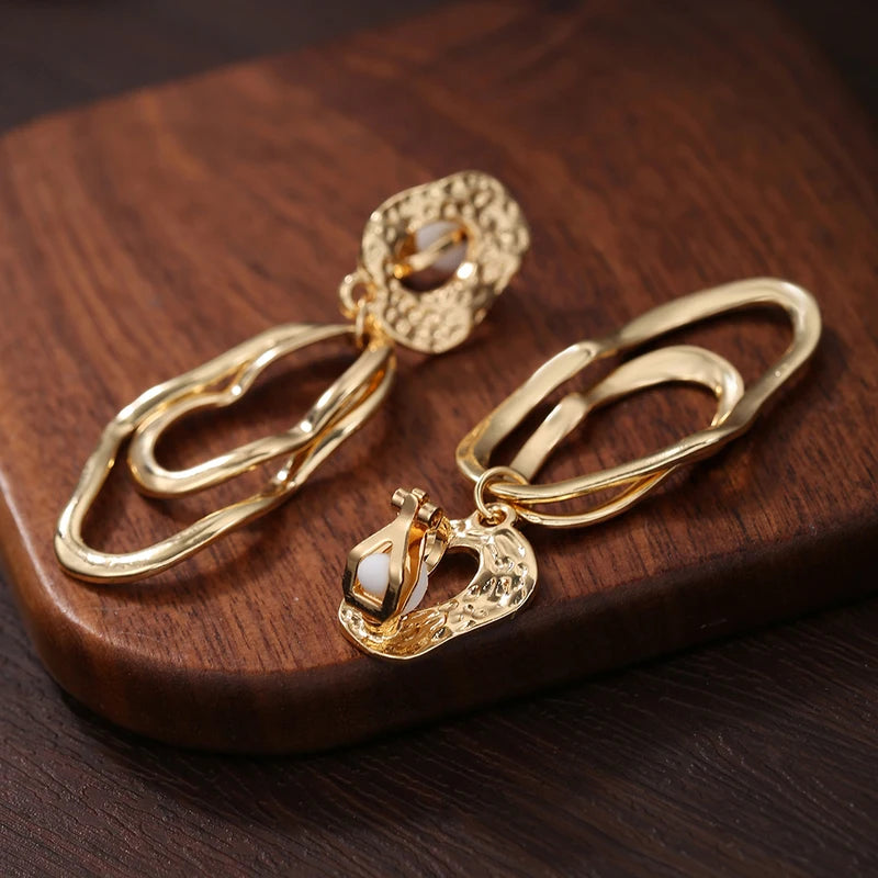 Retro Metal Geometry Irregular Clip-On Earrings for Women Long Hollow Oval Jewelry