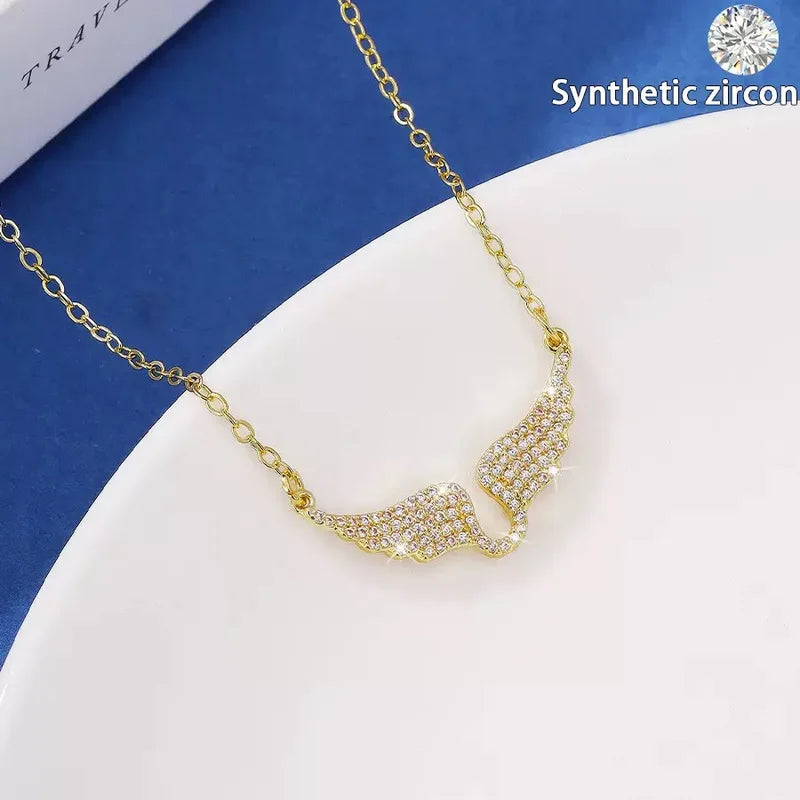 Zircon Necklace with Crown Heart Angel Wings Pendant Stainless Steel Jewelry