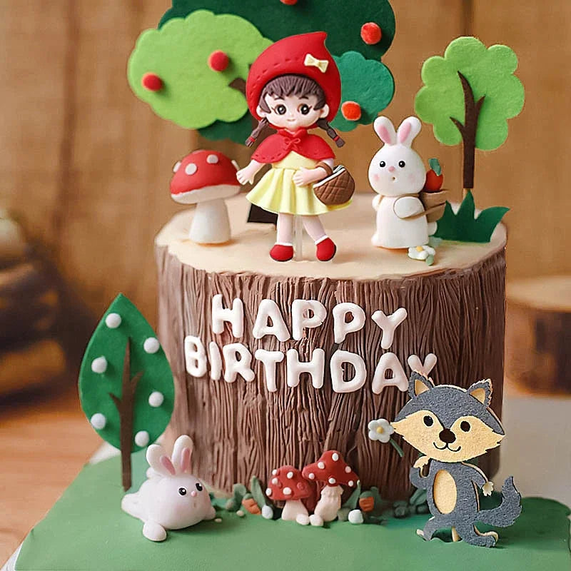 Cake Decoration Kit for Kids and Dollhouse - Bunny, Tree, Mushroom, Wolf, House, Fruit, Happy Birthday Toppers