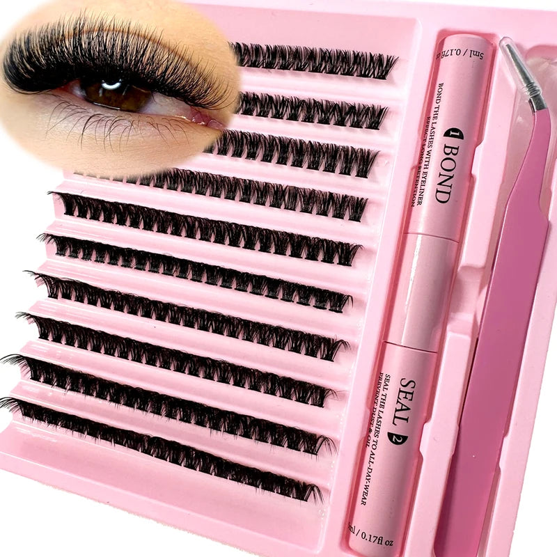 False Eyelash Extension Kit with Lash Bond & Seal Remover 200 Clusters Makeup Tools