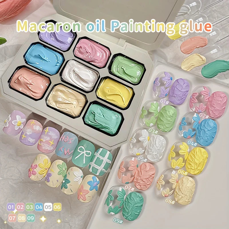 9-Grid Macaron Oil Painting Gel Set for Nails - Vibrant No Wipe Nail Polish