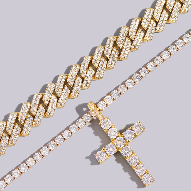 Men Women Cross Tennis Chain Necklace 14MM Cuban Link Jewelry - 2 Pieces