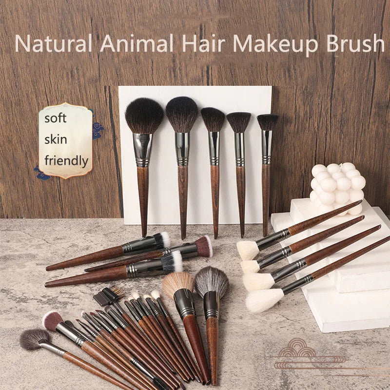OVW Animal Hair Makeup Brush Set 28 Pieces - Soft Cosmetic Tools for Eyes and Lips