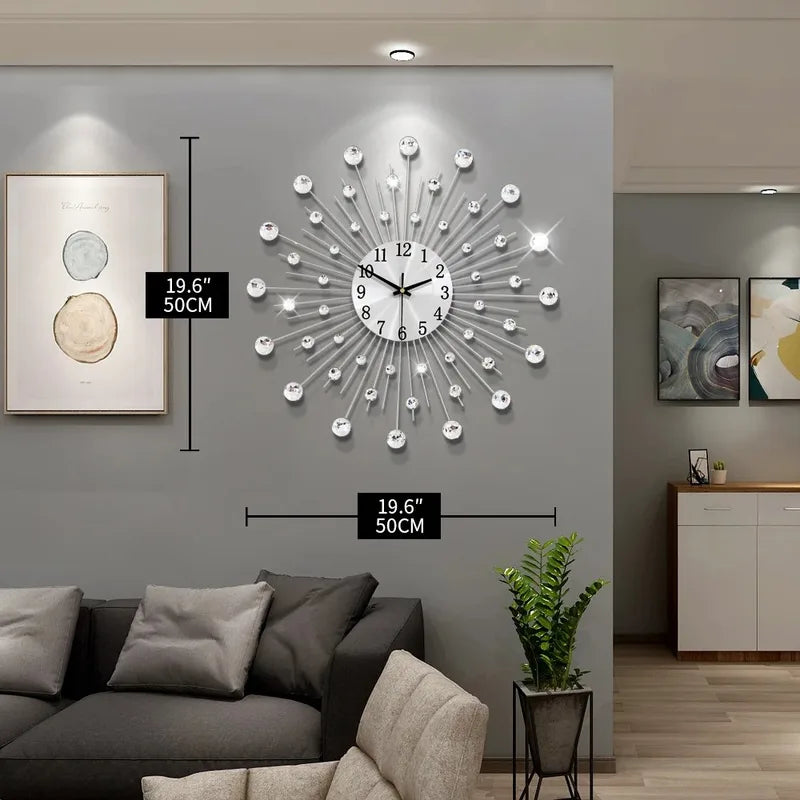 Luxury Metal Diamond Wall Clock 50x50cm Wrought Iron Quartz Decor for Living Room & Office
