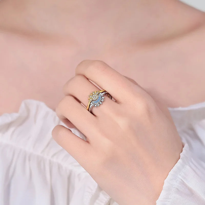 Sparkling Sun and Moon Adjustable Couple Rings CZ Open Promise Jewelry Set