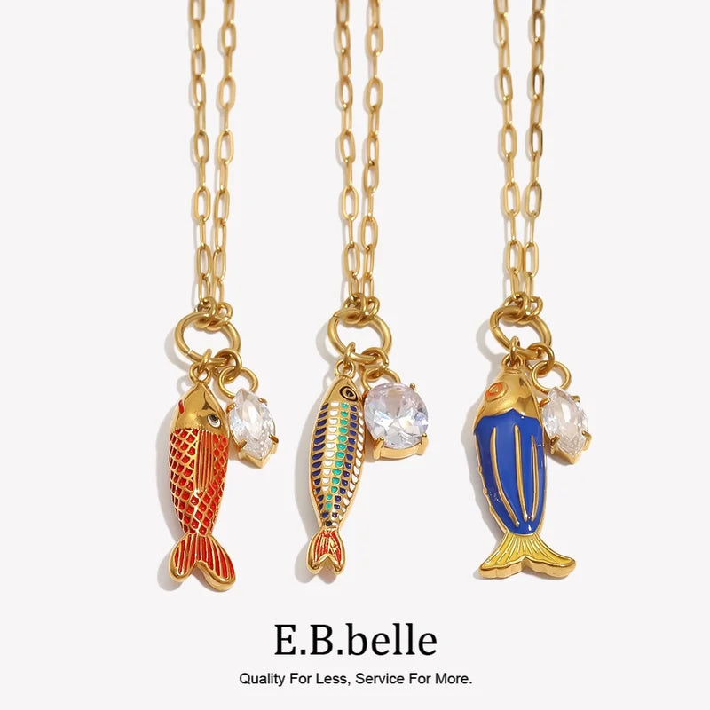 Vintage Fish Pendant Necklace Zircon Oil Drop Charm Jewelry Tarnish-Free