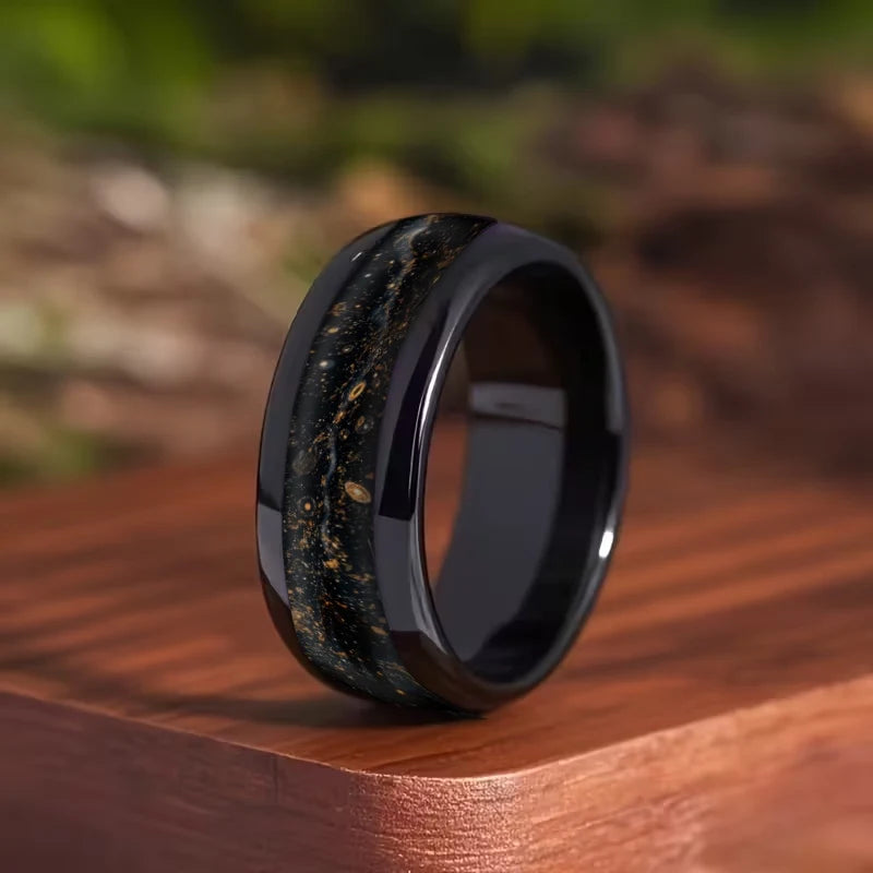 Starry Night Meteorite Inlay Wedding Band Steel Ring for Men - Multiple Sizes