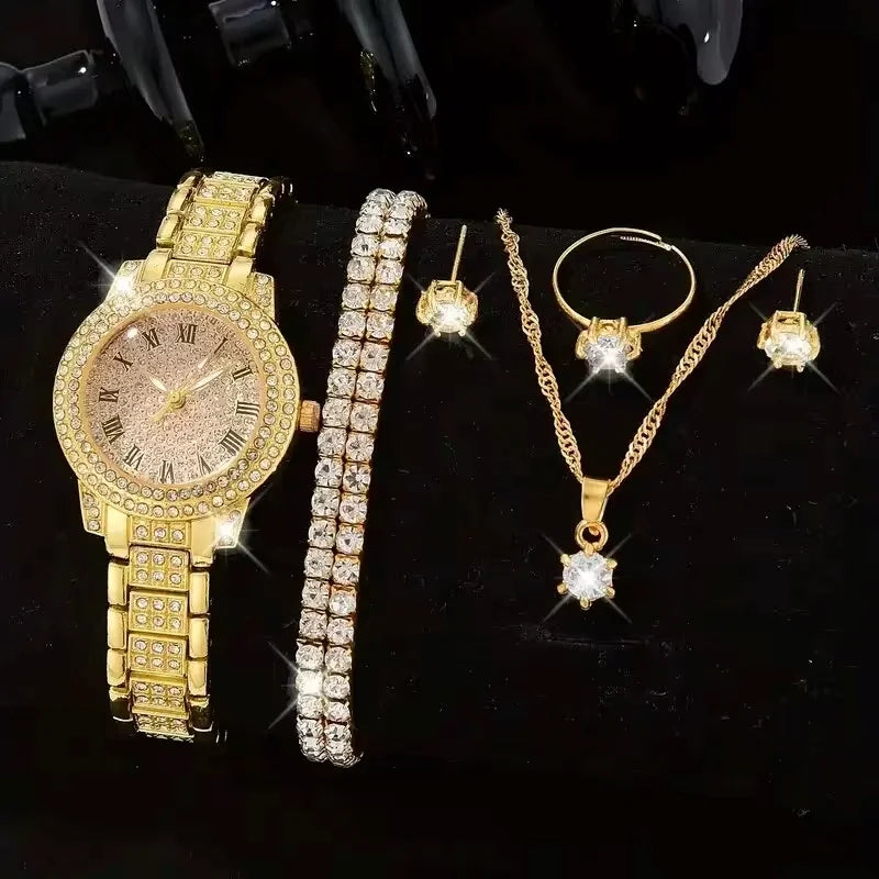 Women’s Elegant Alloy Quartz Wristwatch Set - Crystal Rhinestone Bracelet, Multiple Colors