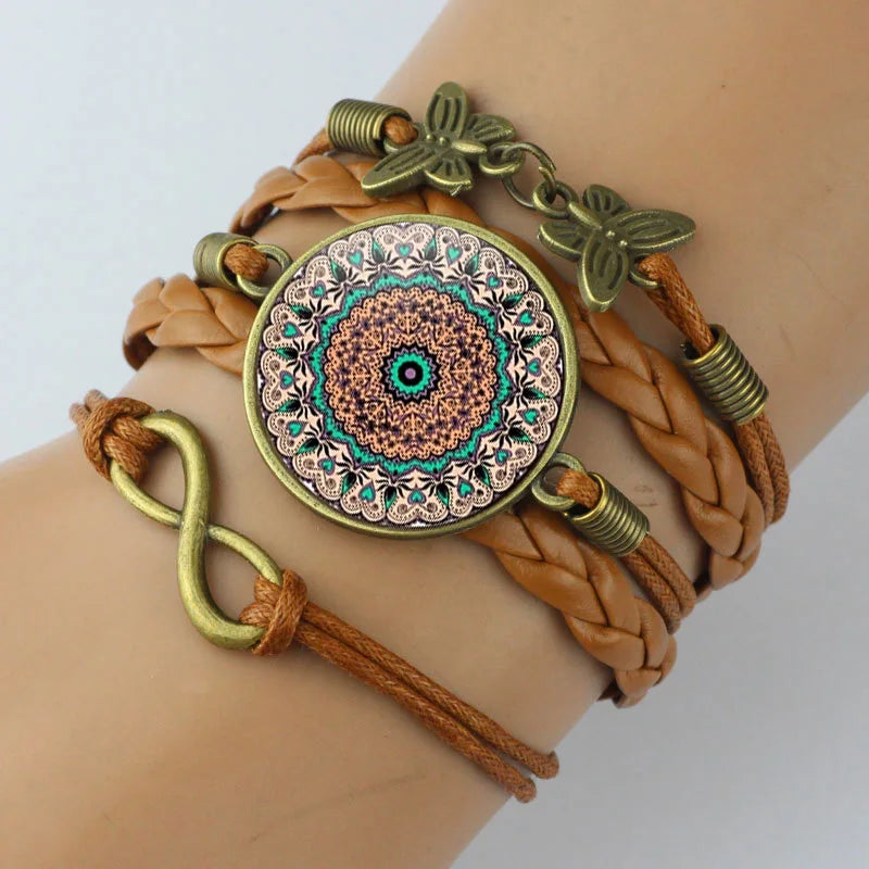 Vintage Mandala Flower Glass Dome Wrap Bracelet for Women - Multilayer Leather Jewelry