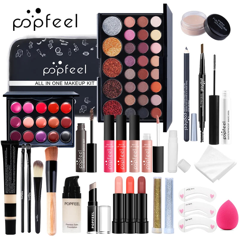 All-in-One Makeup Kit for Women Teen Girls - Nude Eyeshadow Foundation Primer and Brush Set